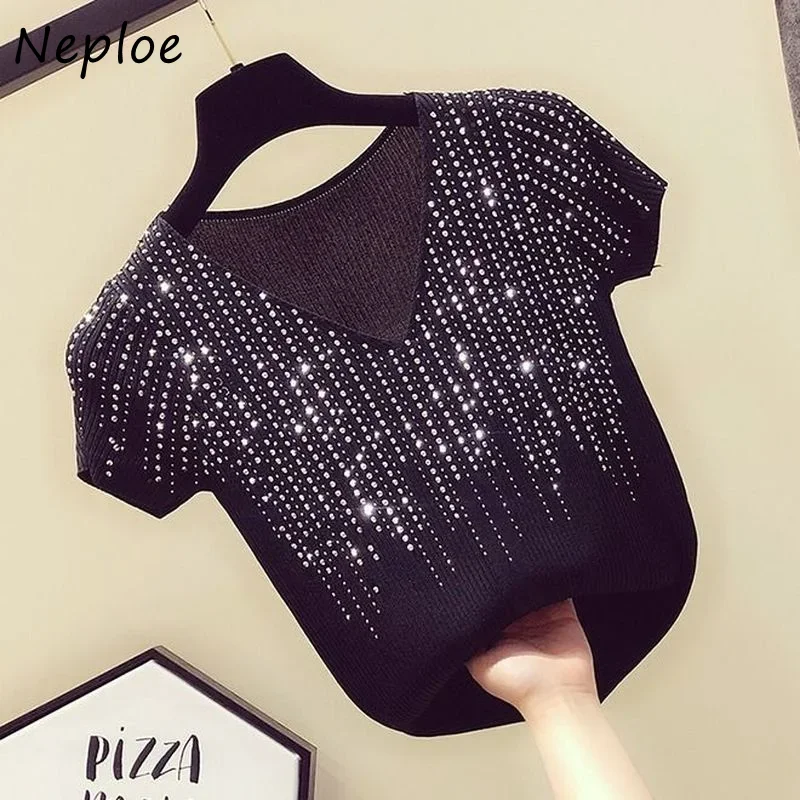 Neploe Rhinestone Knitting V-neck Womans Tops Short Sleeve Pullover Sweater Women 2024 Summer New Sexy Cropped Top T-shirts