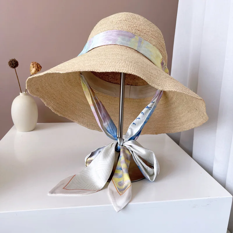 

USPOP Summer Raffia Crochet Sun Hat with Ribbon Wide Brim Packable Beach Hat for Women Natural Straw Bucket Hat