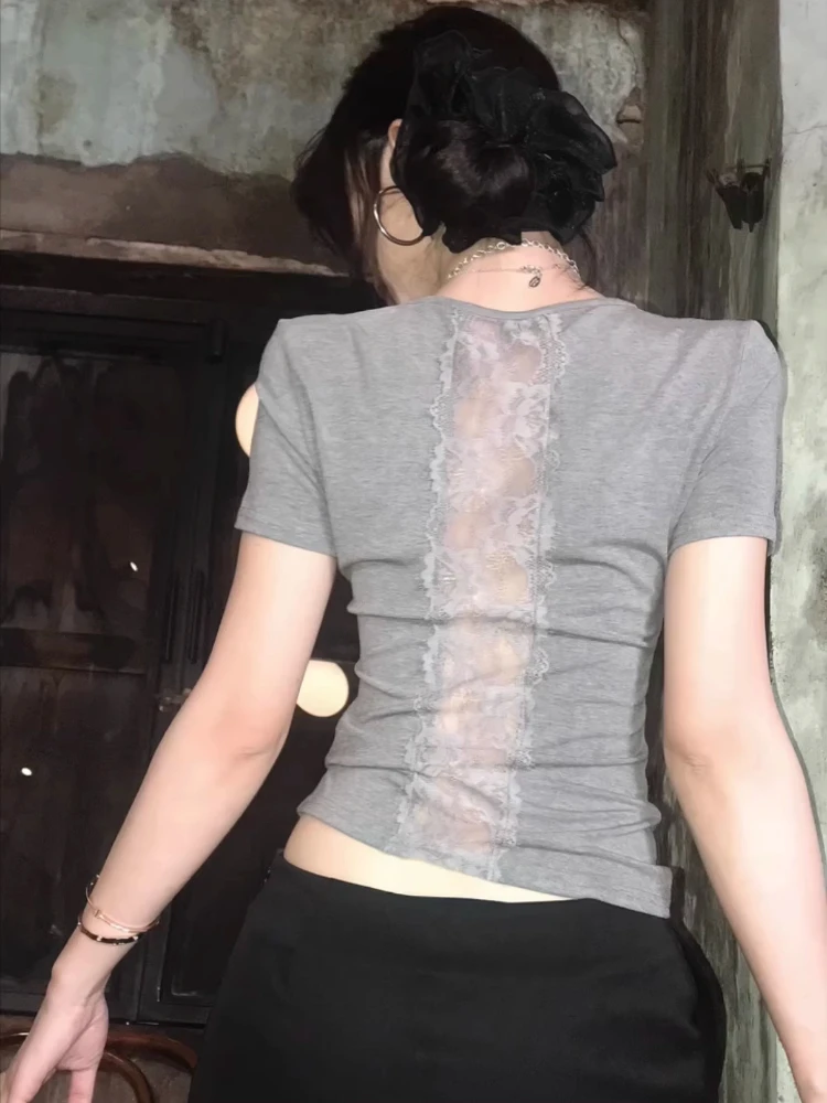 

2025 Sexy Lace Patchwork Cropped Tops Harajuku Fairy Grunge Gray Clothes Streetwear Women Y2k Aesthetic Bodycon Vintage T-shirt