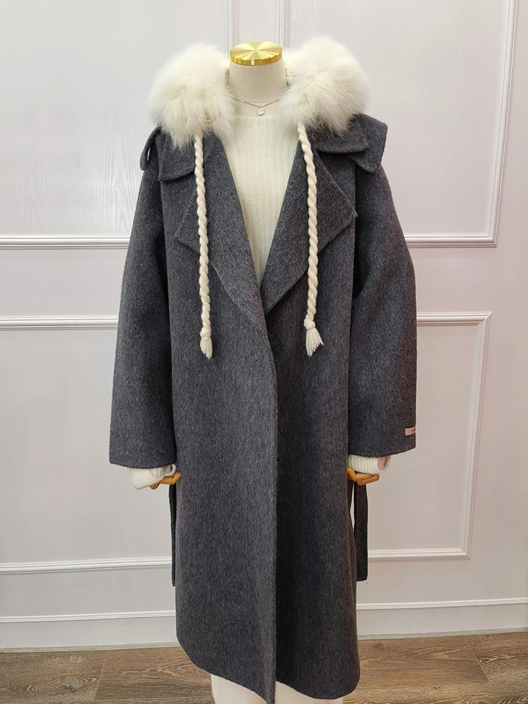 Manteau à capuche en fourrure de renard naturel pour femmes, veste en laine de cachemire, vêtements d'extérieur en laine véritable pour femmes, veste de luxe, offre spéciale, hiver