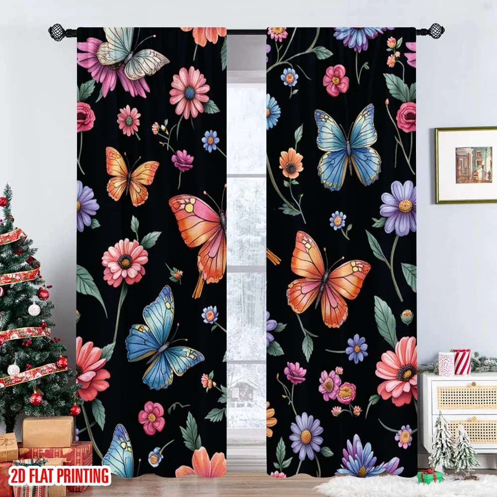 2 قطعة 2D الطباعة المسطحة المشهد الستار نابضة بالحياة فراشة الأزهار الرقمية المطبوعة البوليستر الستائر احتفالية جدار ديكور استخدام لقضاء عطلة #6