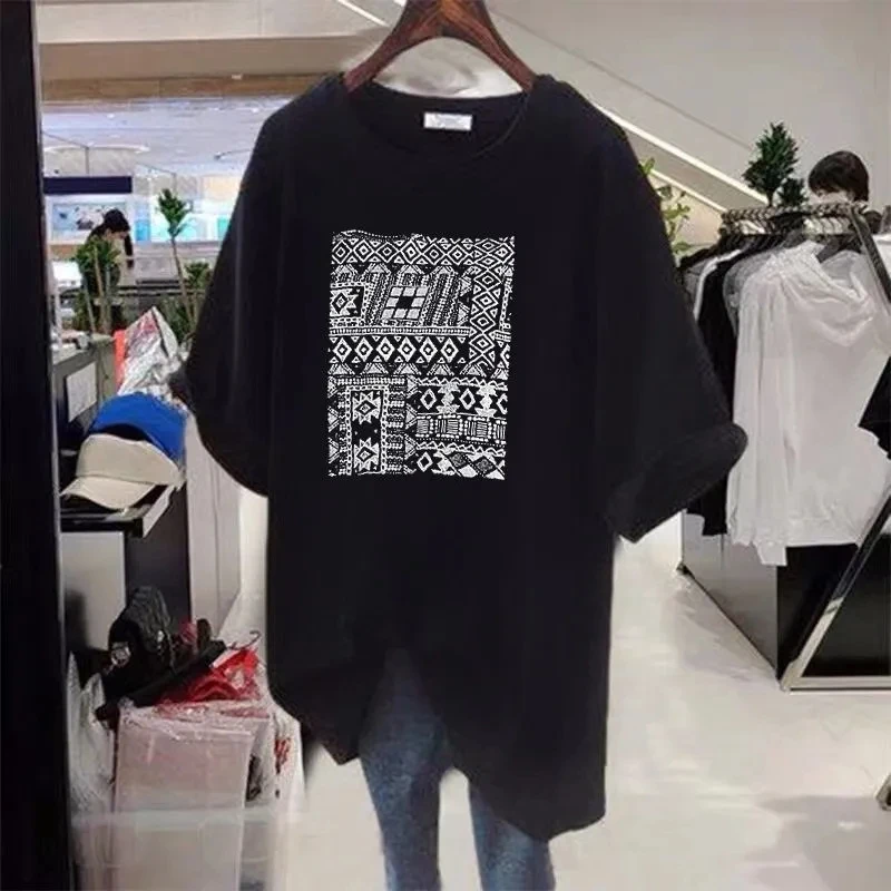 Plus Size 5XL 150KG Women Summer T shirt Cartoon O Neck Short Sleeve Tees Loose Oversized Black Tops