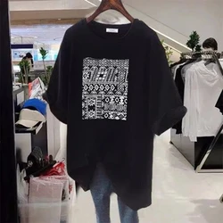 Plus Size 5XL 150KG Women Summer T shirt Cartoon O Neck Short Sleeve Tees Loose Oversized Black Tops