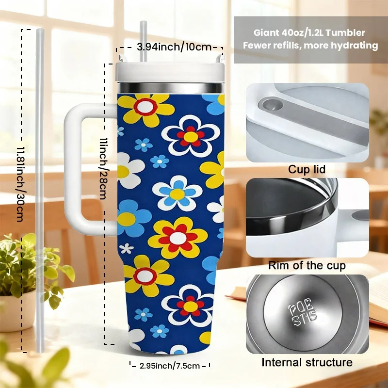40 Oz Stainless Steel Double Wall Insulated Tumbler with Straw, Retro Vibrant Floral Sublimation Print on Deep Blue Background, Travel Mug That Keeps Drinks Hot for 18H And Cold for 36H, Perfect Birthday And Holiday Gift for Family And Friends