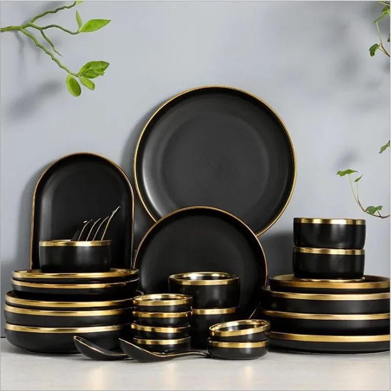 Gilt Rim Black Porcelain Dinner Plate Set Kitchen Plate Ceramic Tableware Food Dishes Rice Salad Noodles Bowl Cutlery Set