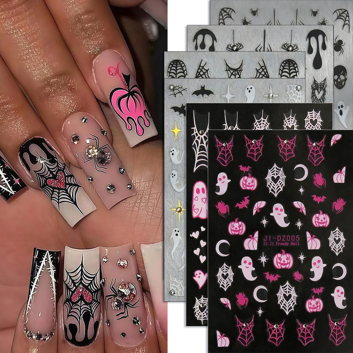 6-Blatt-Halloween-Nagelkunst-Aufkleber-Set – Nagelaufkleber für Feiertagsfeiern mit Geister, Spinnennetze und festlichen Designs