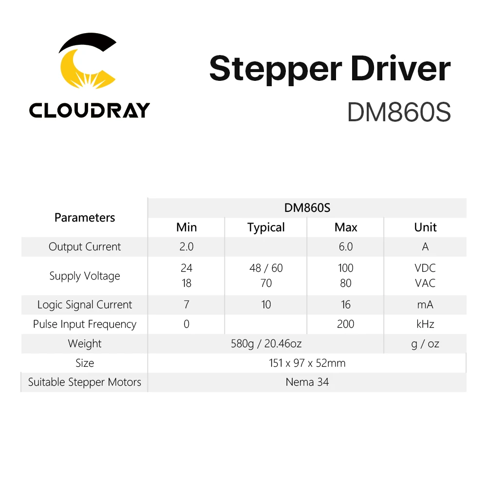 Cloudray Nema 34 Open Loop Stepper Motor Driver Kit 12N.m 6.0A DM860S 2.4A-7.2A for 3D printer CNC Engraving Milling Machine