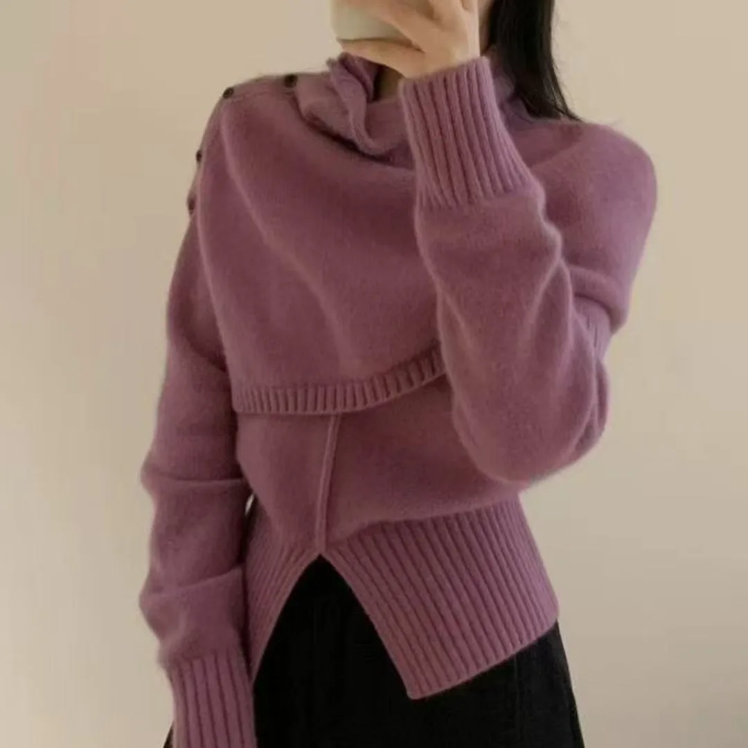 

Chic Autumn High Ne Buttoned Wrap Casual round Ne Warm Gentle Leisure Sweater Set Women Faionable Ele Soft Polyeste...