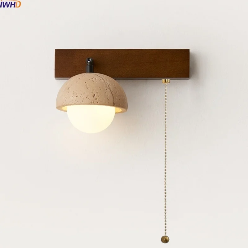 

IWHD Yellow Travertine LED Wall Lights Indoor Bathroom Bedroom Pull Chain Switch White Glass Wood Bedside Lamp Lampara Pared