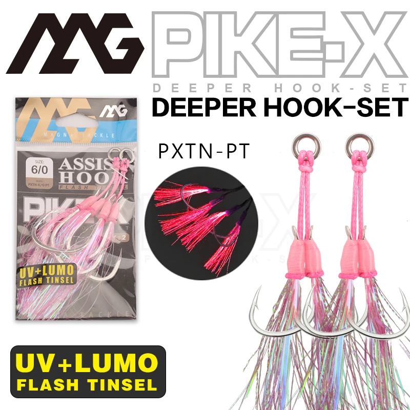 MAG PXTN-PT Fishing Hooks Sea Glow 1/0 2/0 3/0 4/0 5/0 6/0 Fish Assist Hook Double Fishhooks Jig Slow Feather for Fishing hooks