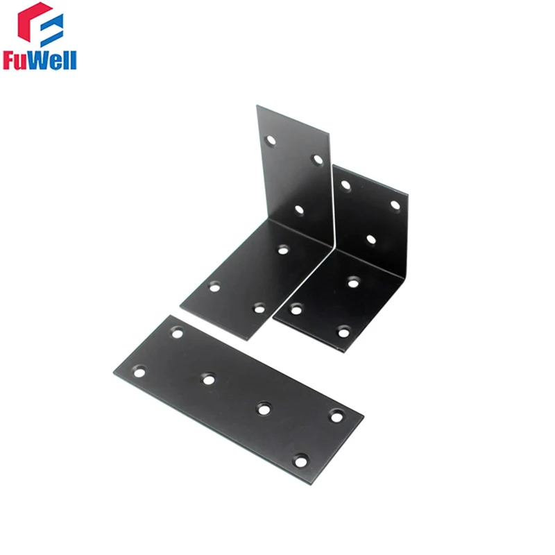 Fuwell 2pcs Square Stainless Steel Black Corner Code Fixing Bracket Shelf Bracket 90 Degree Right Angle and Straight Sheet