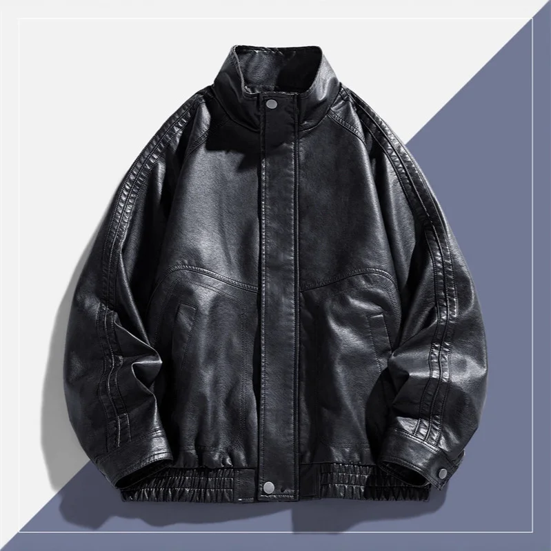 

Autumn Man Leather Jacket Streetwear Motorcycle Punk Male Outerwear Stand Collar Long Sleeve Zipper Oversize Men Bomber Coat