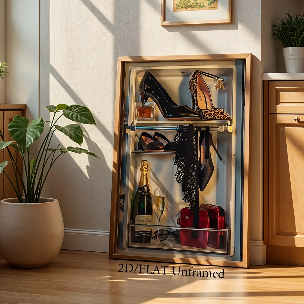 Abstract Canvas Wall Art With Fridge High Heels And Champagne, Fashion Home Decor For Bedroom Living Room, 2D Print Poster