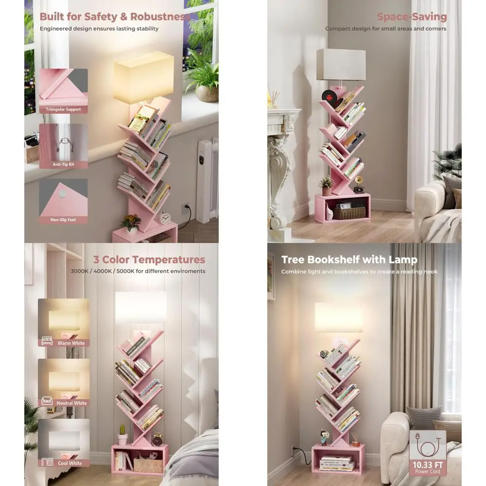 

Высокий узкий книжный шкаф с 6 полками и подсветкой, напольный, для дома, офиса, гостиной, спальни, розовый