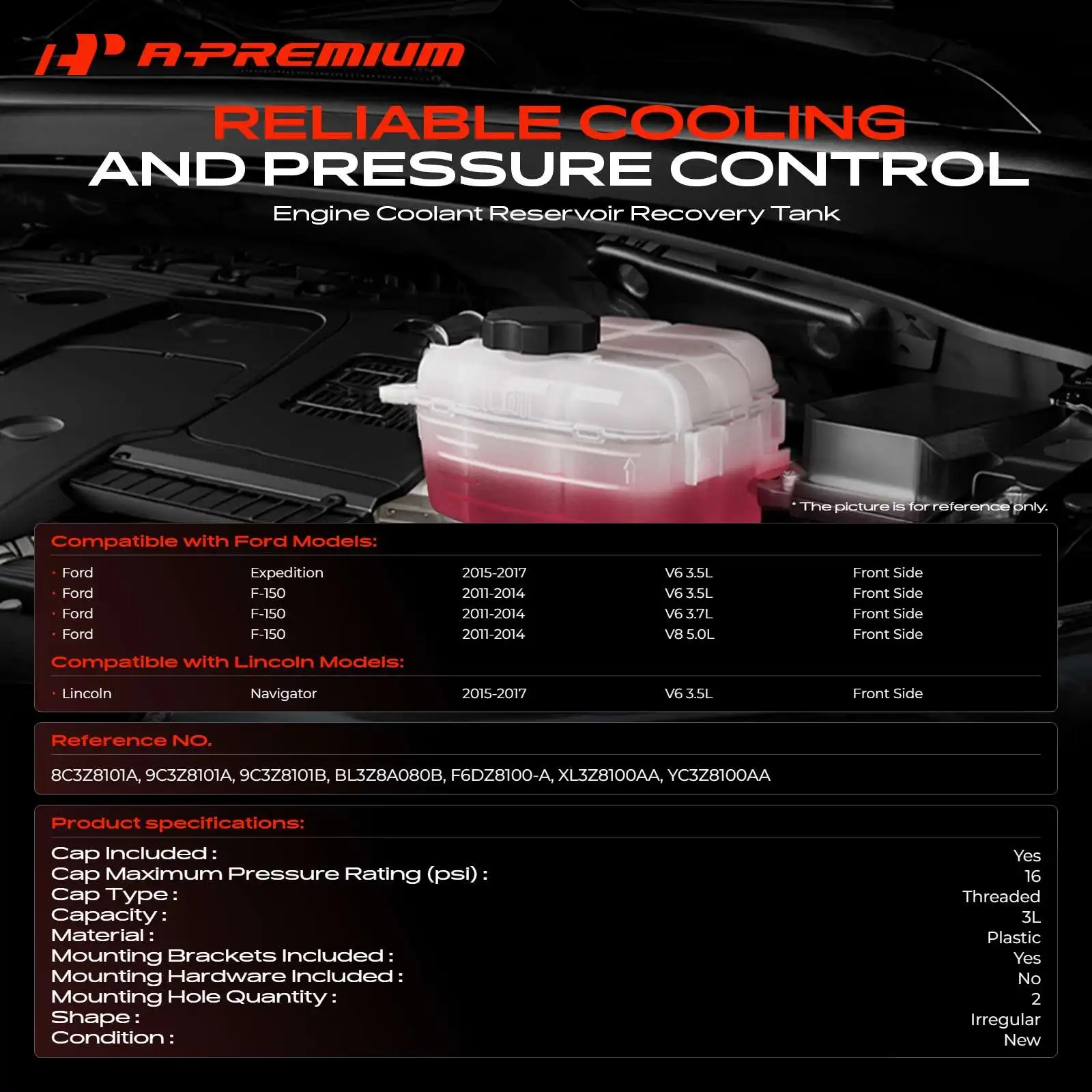 A-Premium Engine Coolant Reservoir Tank with Cap for Ford F-150 2011-2014 Expedition 2015-2017 Lincoln Navigator 2015-2017