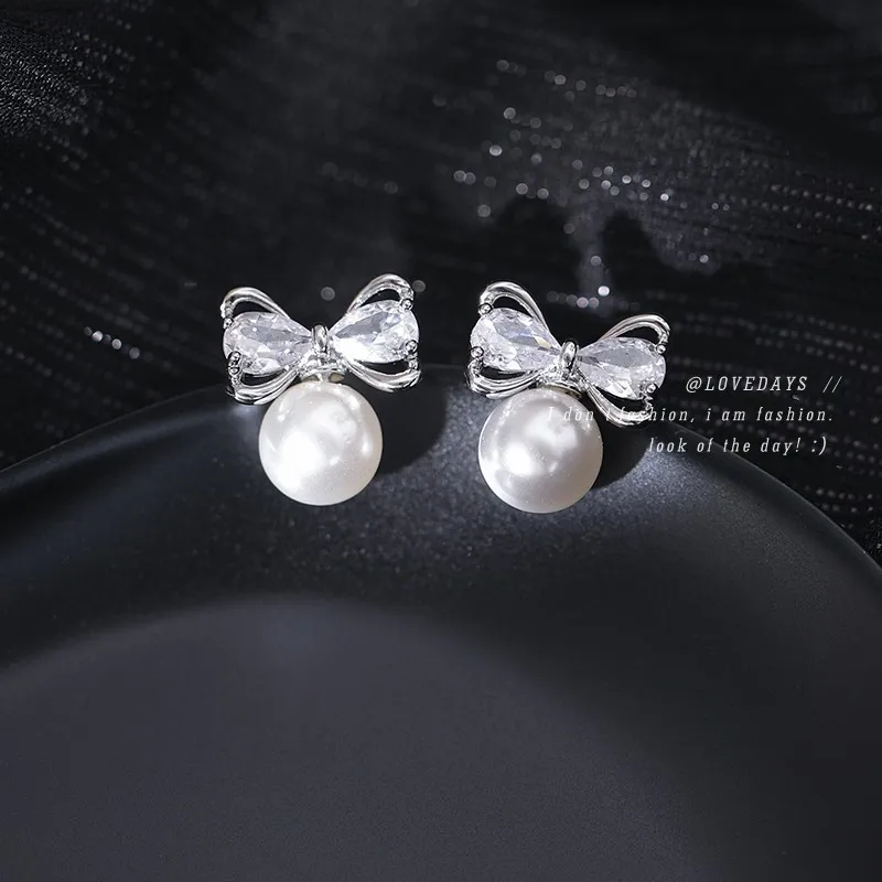 Elegant Pearl Zircon Bow Stud Earrings Micro Pave Korean New Unique Premium Versatile Hypoallergenic Lightweight Daily Gift