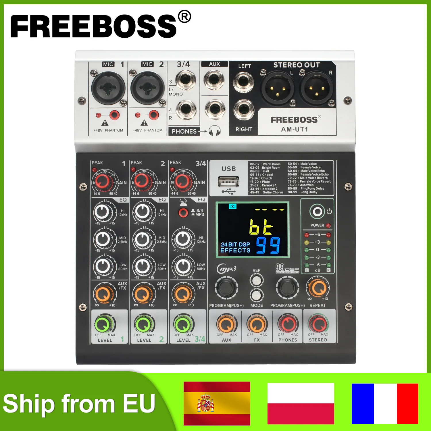 FREEBOSS 99 Effect 4 Channel Mixing Console 48V Bluetooth Sound Audio DJ Mixer USB Play PC Record for Karaoke Home Party AM-UT1