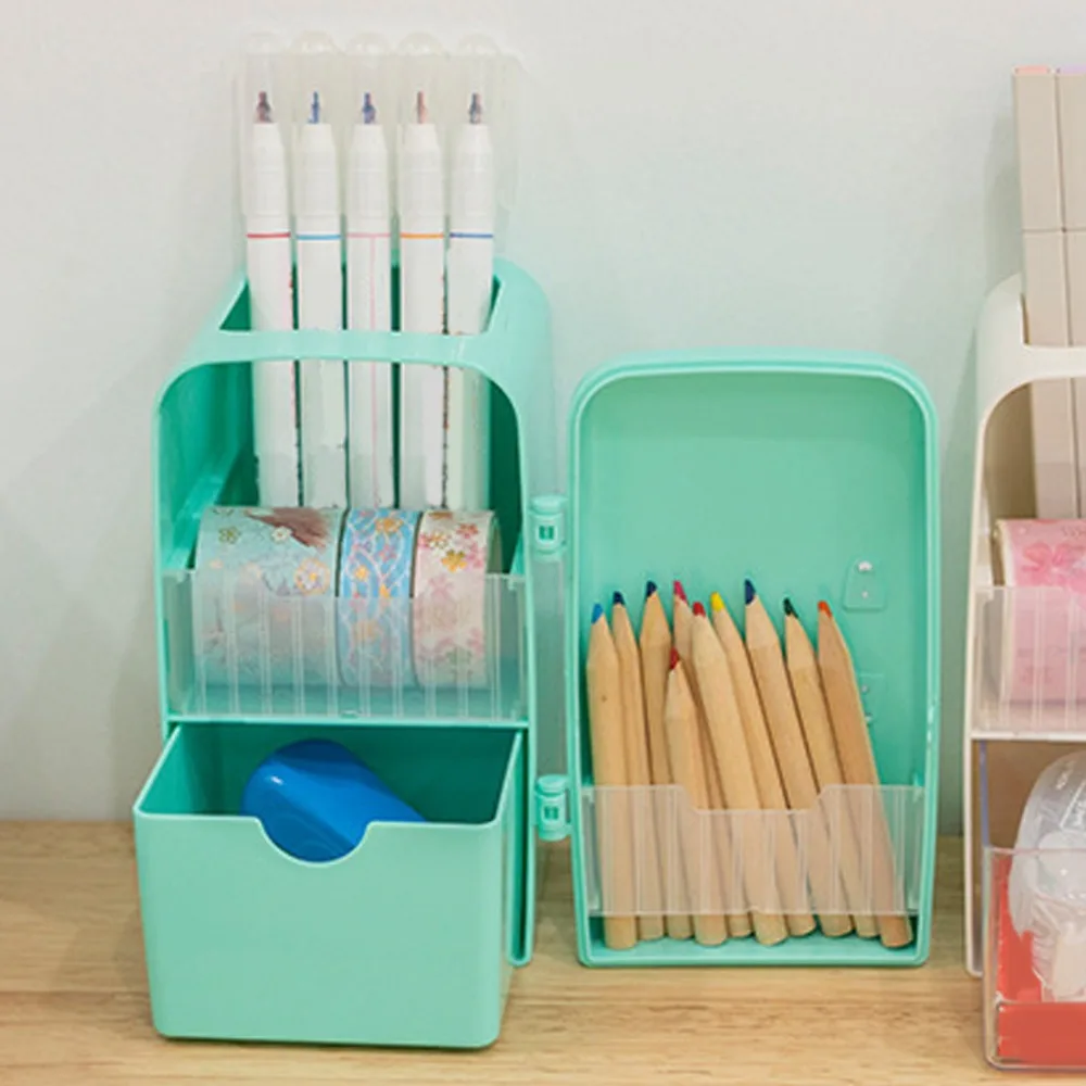 Small Size Desk Organizer White Color Large Capacity Pen Holder Green Color Sealed Drawer Stationery Supplies School