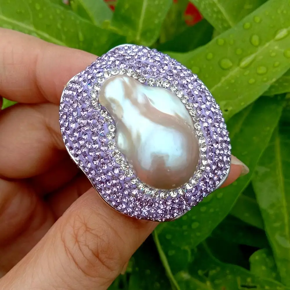 Y.YING Freshwater Cultured Purple Keshi Pearl Ring Purple Crystal Pave Big Ring Handmade Jewelry Ring Adjustable