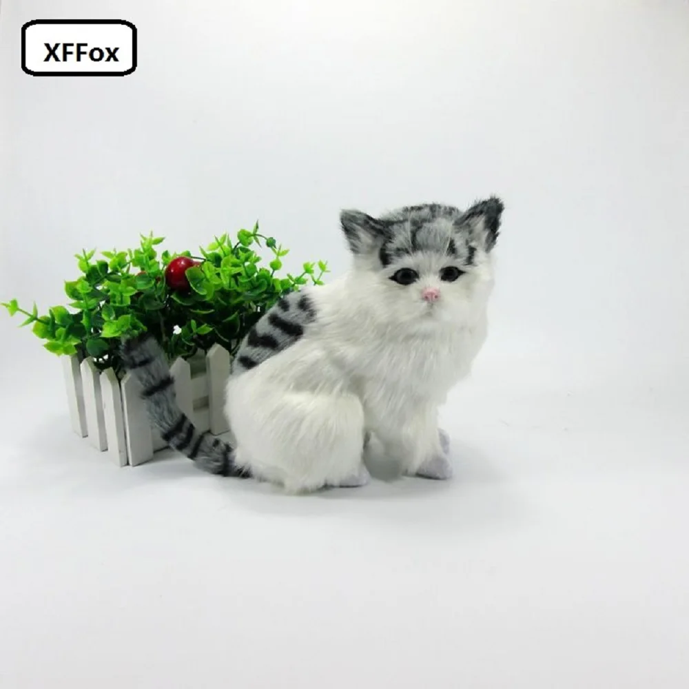 

new real life squating cat model plastic&furs simulation gray stripe& white cat gift about 18x13x11cm xf1286