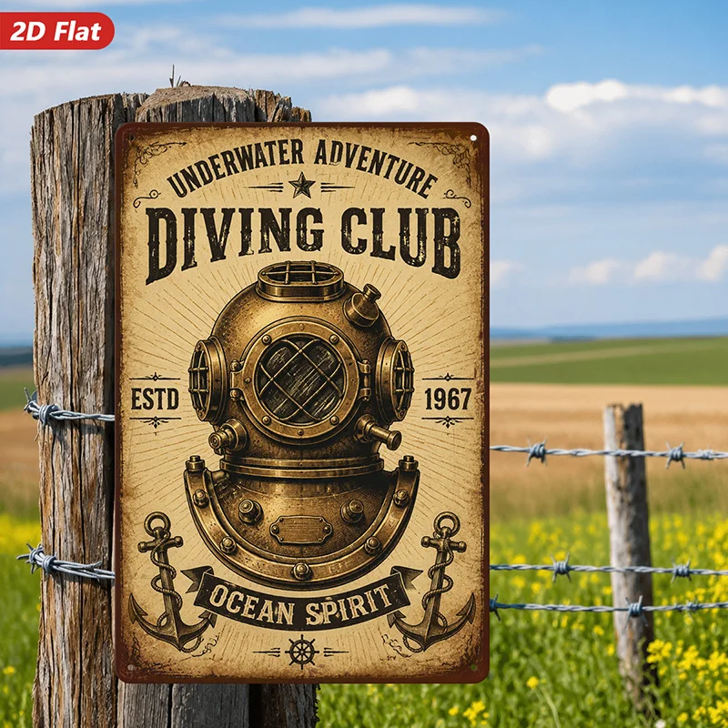 2D Flat, 1pc Vintage Diving Helmet Metal Sign Wall Art, Underwater Adventure Text, Suitable for Dining Room Entryway Study