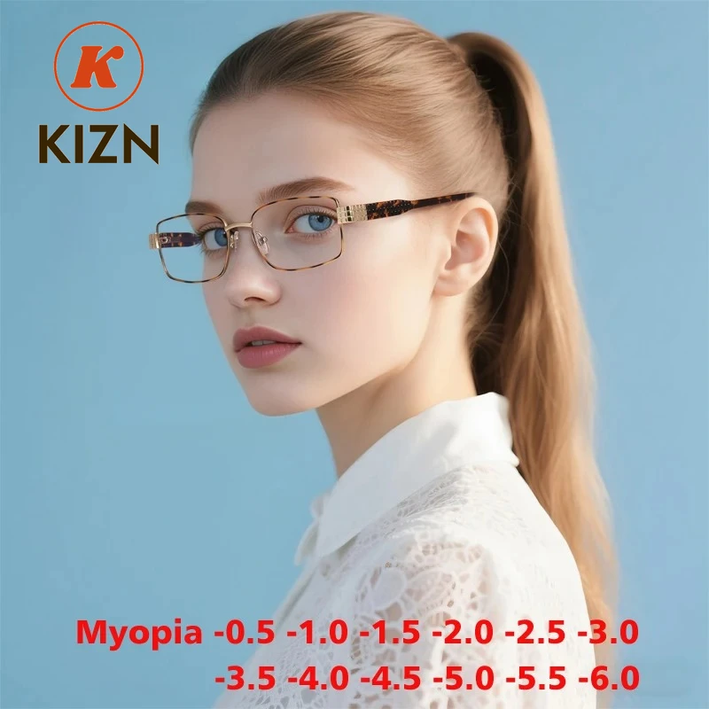 

KIZN Artistic style Square Metal Women Myopia Prescription Glasses Frame Fashion Anti-blue Light Business Eyewear -0.50 TO -6.0