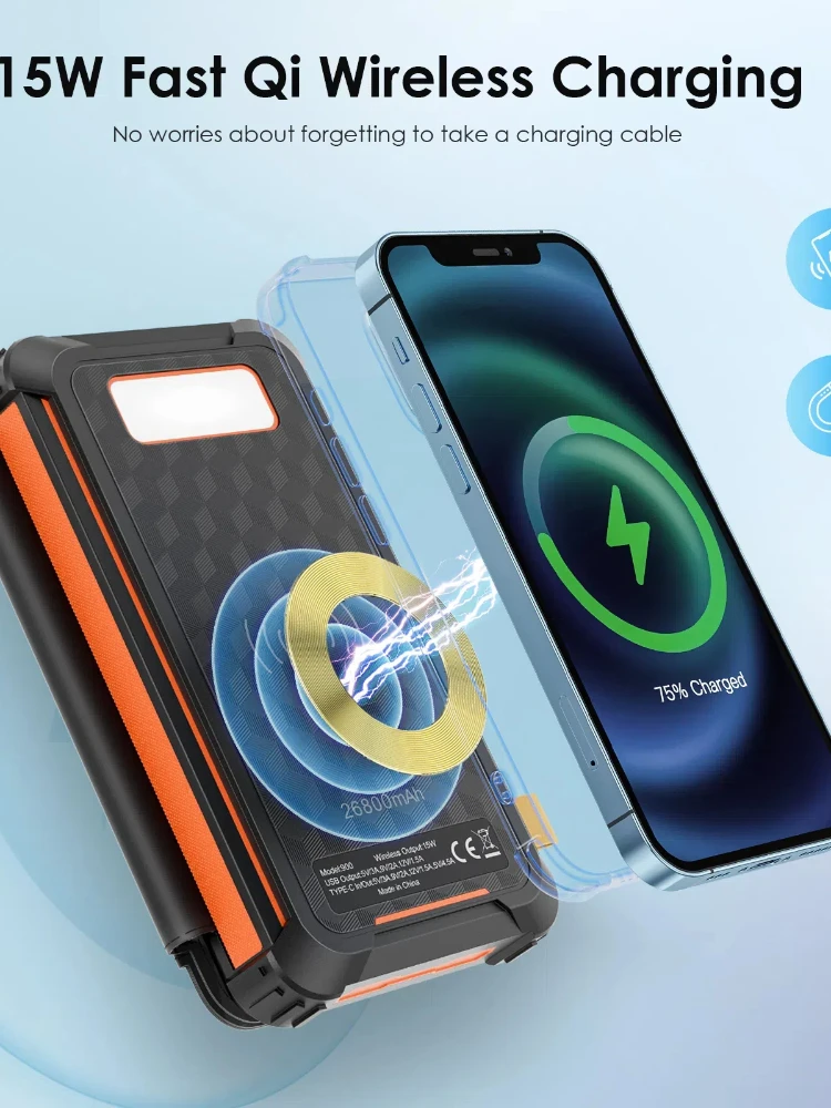 Powerbank solarny, ładowarka solarna SenDeluz 26800mAh, powerbank solarny z wbudowanymi 4 kablami i ładowaniem bezprzewodowym — 2