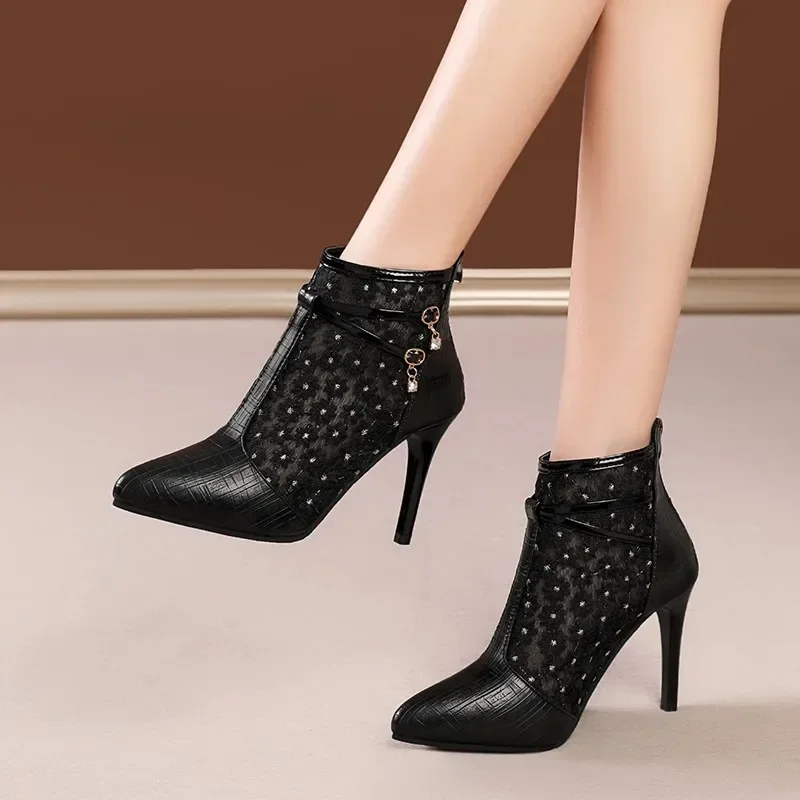 2024 New Spring Summer High Heels Women\'s Shoes Slim Heels Shallow Mouth Pointed Head Mesh Hollow Lace