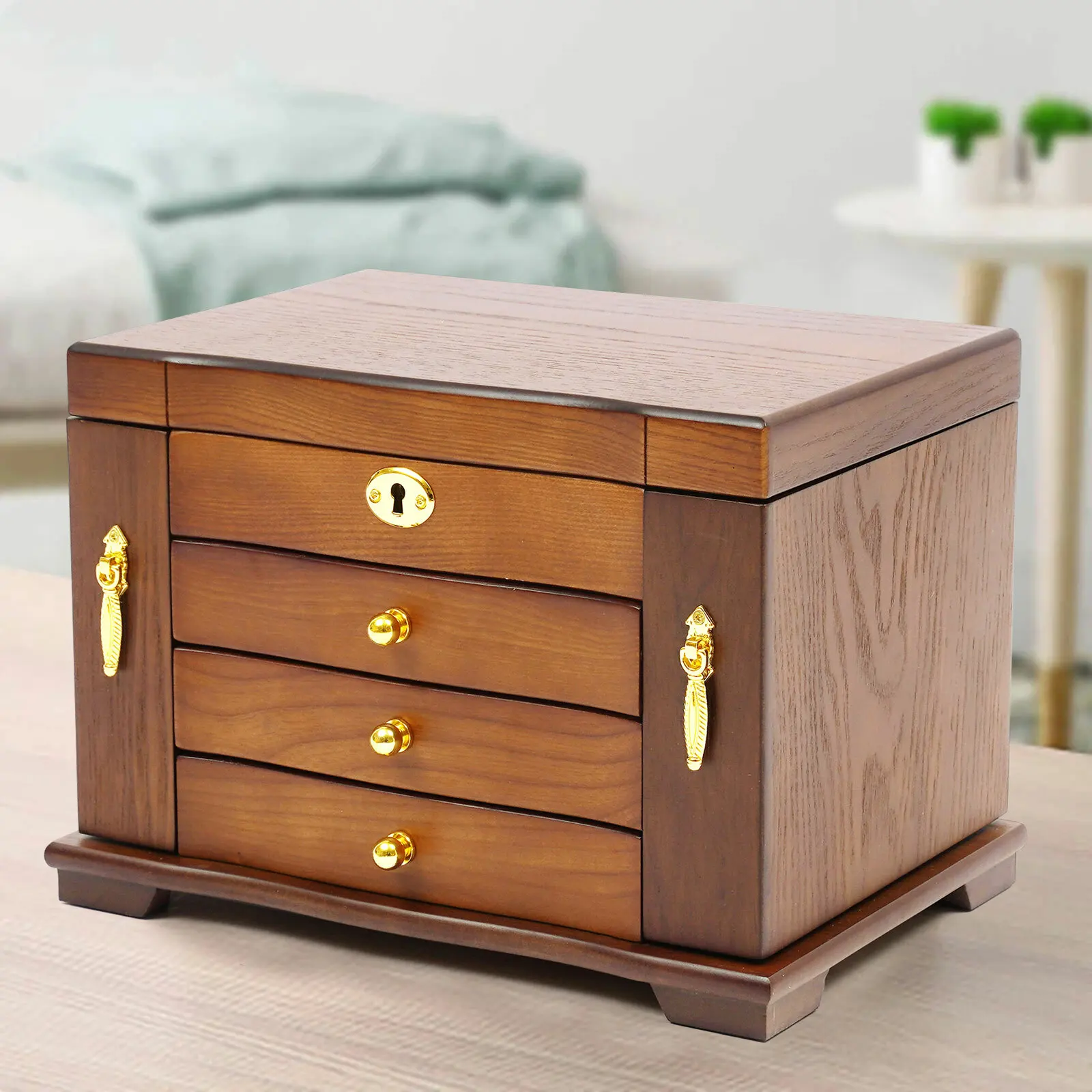 4 Tiers' Large Capacity Antique Large Wooden Jewelry Organizer Box Necklace Watches Rings Storage Case for Rings Rectangle