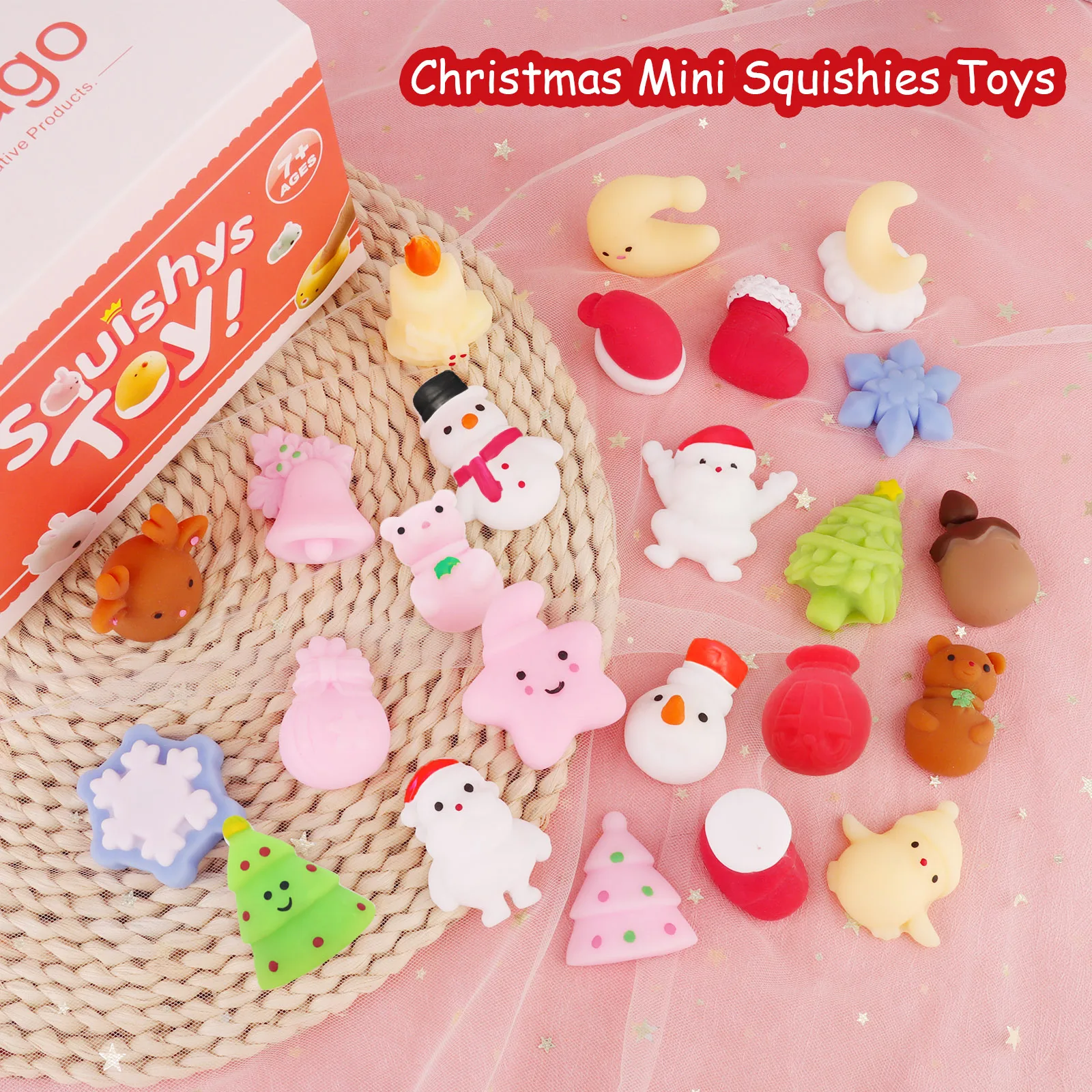 Christmas Mochi Squishies Toys 25pcs Mini Squishys Toys Cute Stress Reliever Toys Funny Fidget Toys Christmas Gift Party Favors