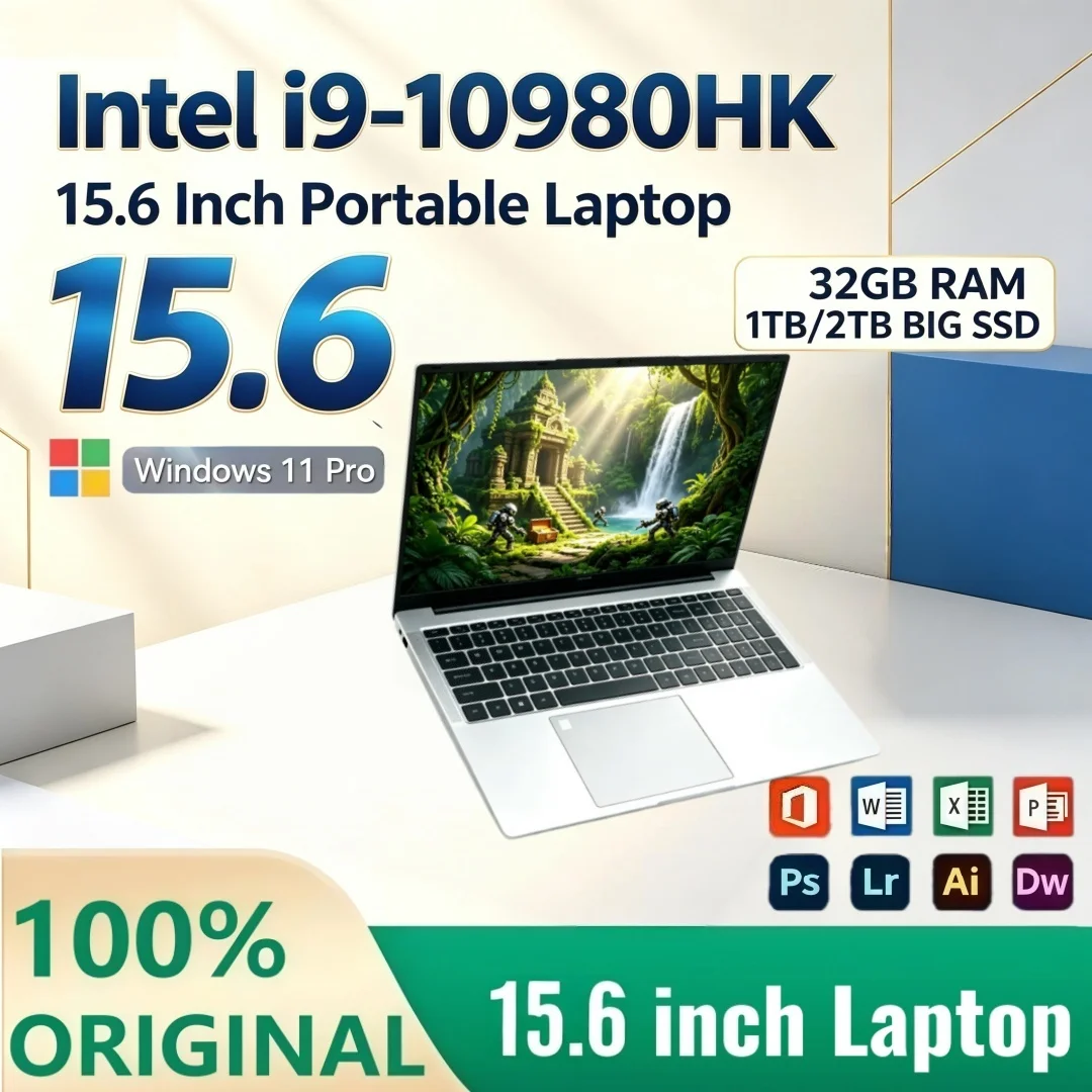 Intel i9-10980HK Smooth Running Laptop 2026 15.6 Inch Ultra-thin Portable 16GB/32GB RAM Windows11 1/2TB Large SSD