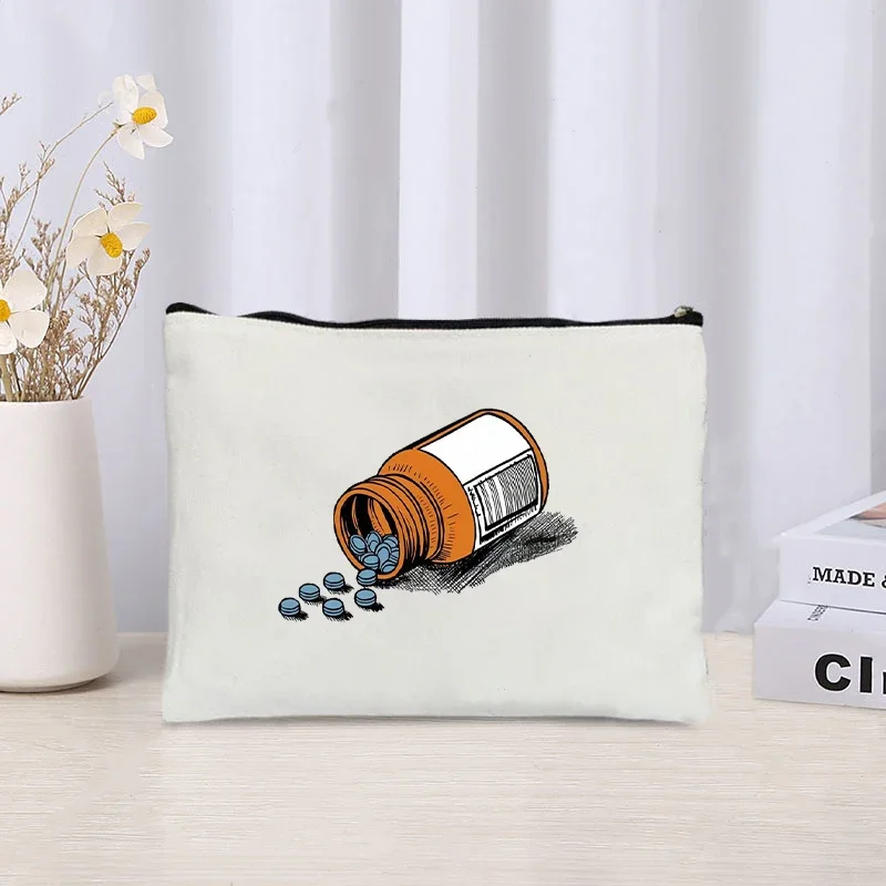 Drugs Print Makeup Bag Organizer Zipper Medicine Pouch Travel Sundries Office Supplies Storage Pencil Case Fun Gift Canvas Bags