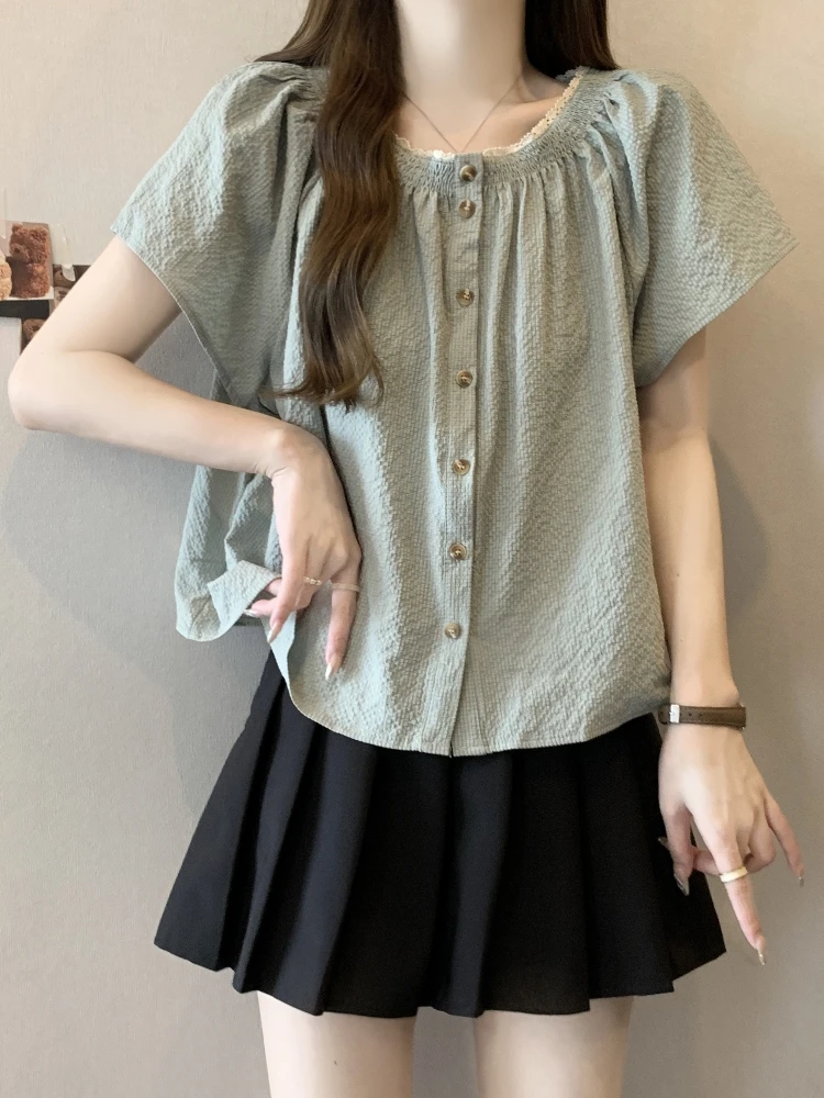 

Sweet Short Sleeve Base Shirt Women's Summer plus Size Conceal Belly Doll Top Korean Loose Style Button Detail round Neck