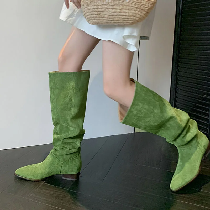 

Cow Girl Styles Suede Long Boots Cowgirls Loose Slip On Candy Colors Knee High Booties Women Western Flat Shoes