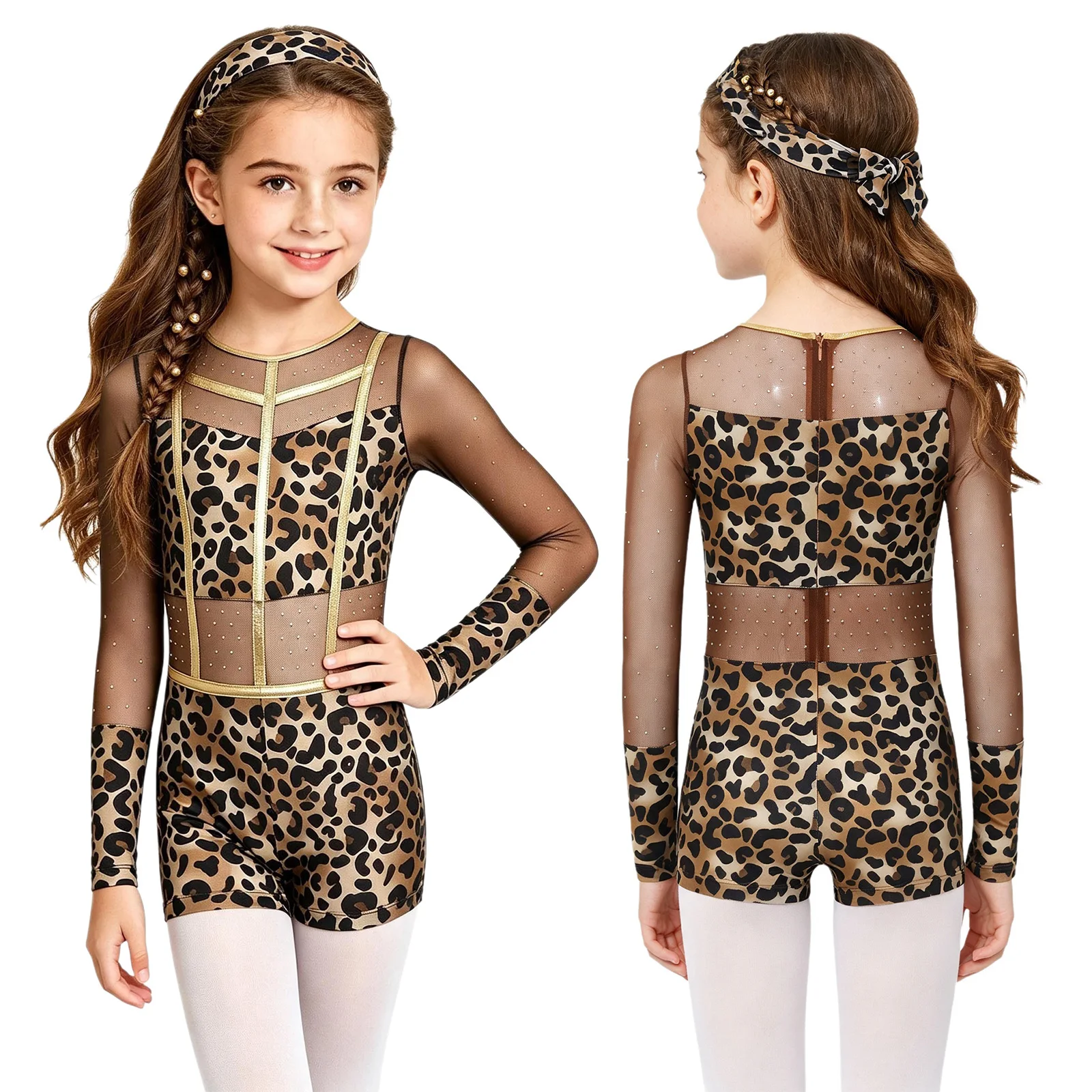 Kids Girls Leopard Print Unitard Jumpsuit Rhinestones Mesh Ballet Leotard with Headband Halloween Prehistoric Cavegirl Costume
