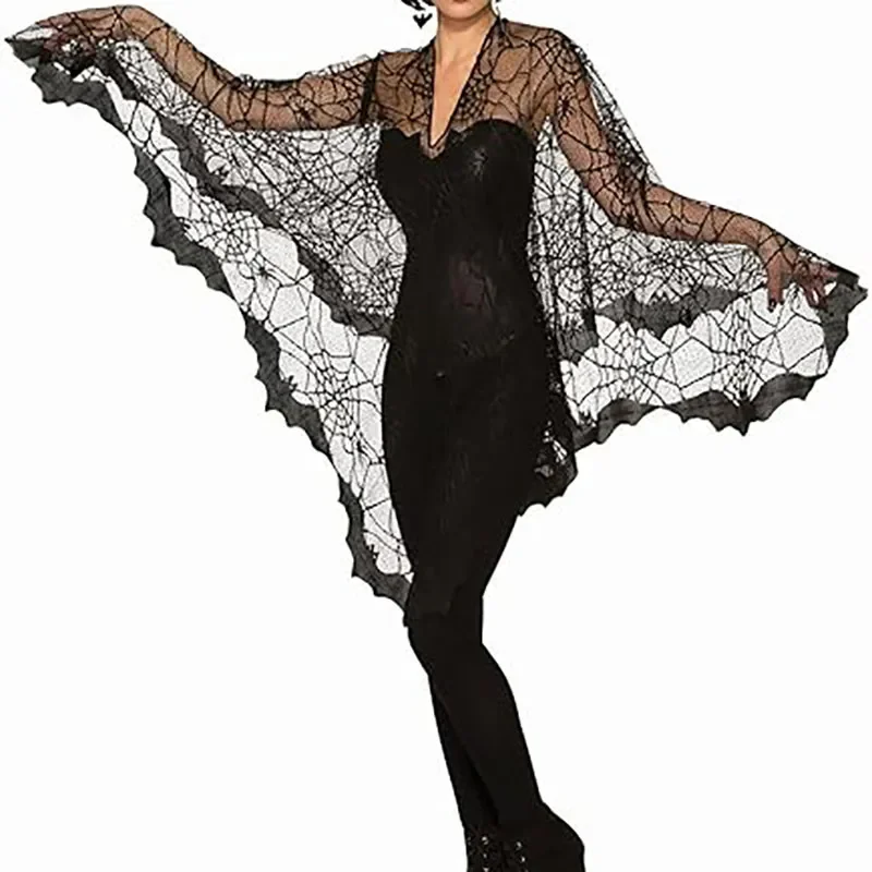 New Halloween Cloak Black Lace Cobweb Cloth Bat Shawl Costume Props Halloween Show Clothes