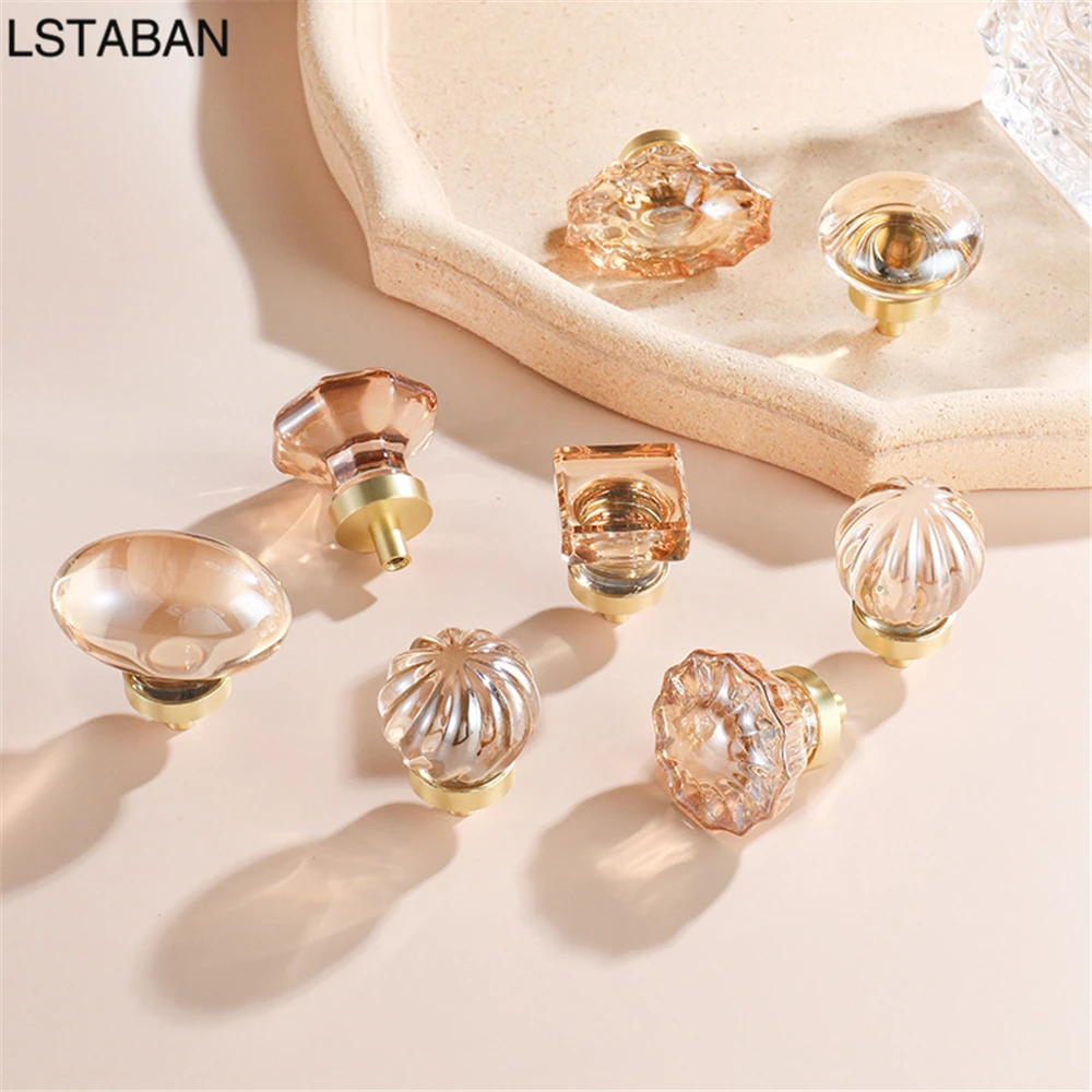 Nordic Style Champagne Gold Diamond Crystal Cabinet Handle Single Hole Light Luxury Brass Kitchen Door Knob Wardrobe Drawer Pull