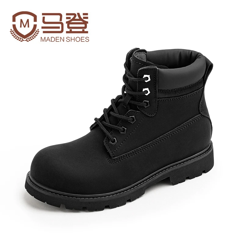 Maden Men's Black Boots New Winter Plush Lining Warmth Shoes Retro Non-Slip Thick Sole Work Boots Outdoor Casual Mid-Calf Boots