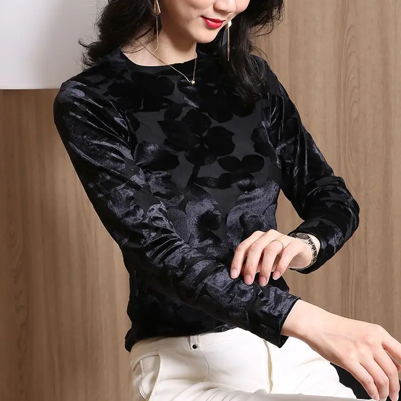 Autumn Elegant Fashion Sexy Vintage Chic Shirt Women Round Collar Three Quarter Sleeve Hollow Out Slim Print Natural Scenery Top