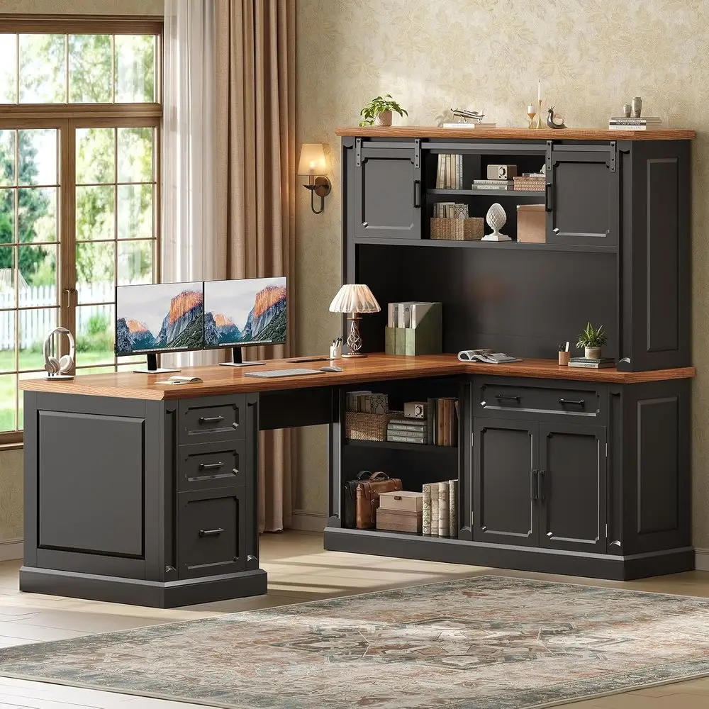 

L-Shaped Desk with Hutch, 67 Executive Office Desk, 4 Drawers, Storage Cabinet, Sliding Door, Power Outlet, Black & Brown