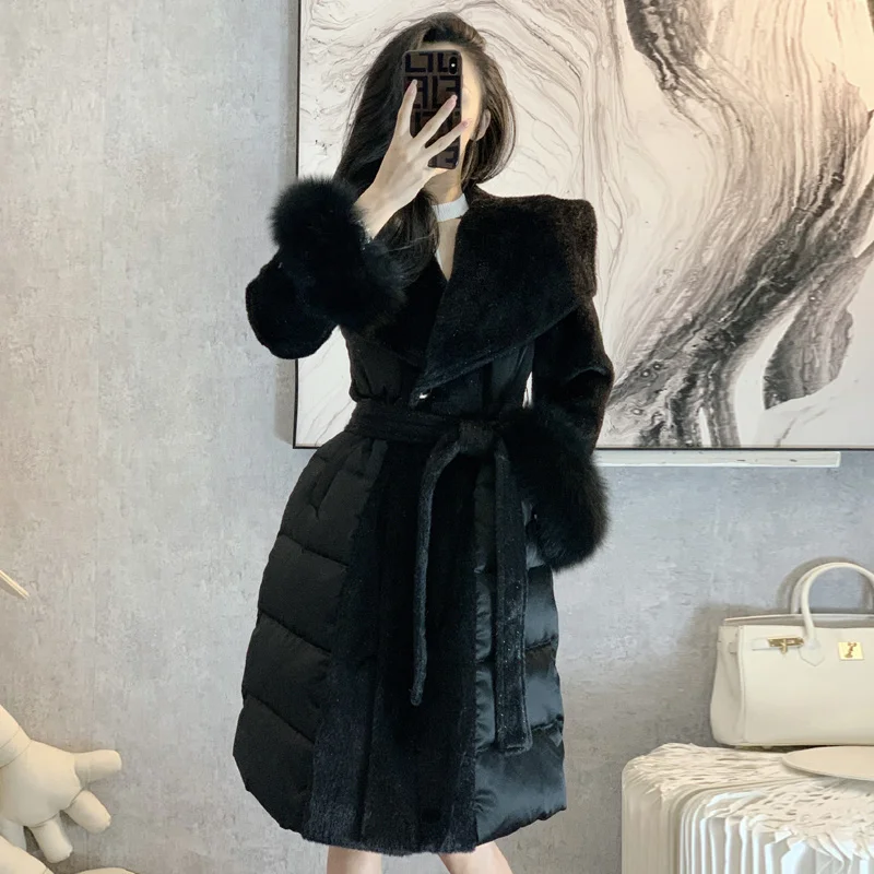 Big Fur Popular Collar Woolen Patchwork White Women Winter Coat Fashion Belt Waist Long Down Jacket OverCoat