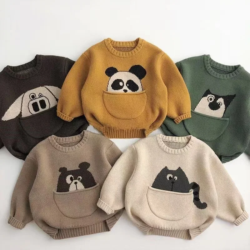 Children\'s Pocket Cartoon Autumn Winter Korean Edition Sweater For Boys And Girls Clothing Baby Pullover Knitted Bottom Sweater