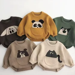 Children's Pocket Cartoon Autumn Winter Korean Edition Sweater For Boys And Girls Clothing Baby Pullover Knitted Bottom Sweater