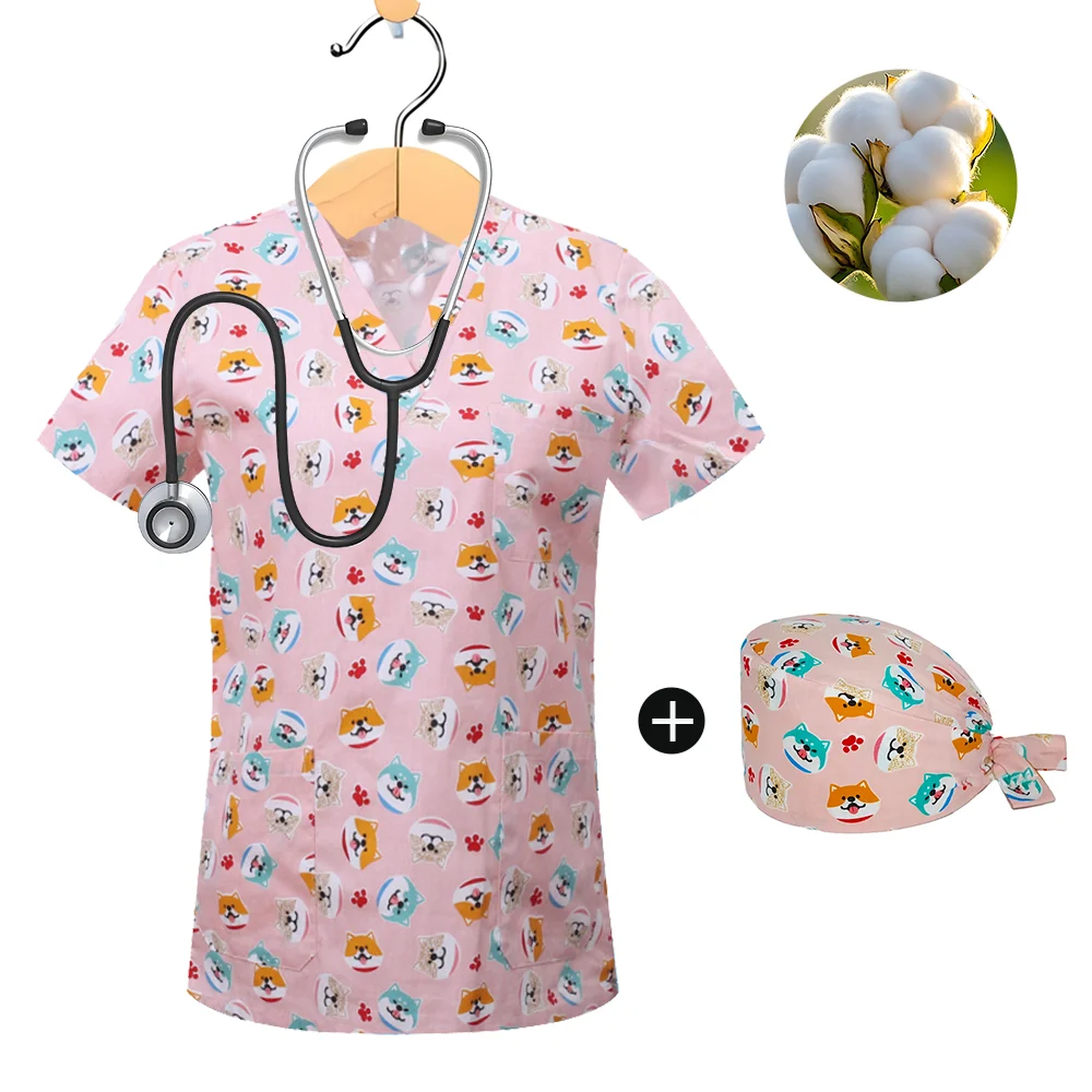 

Hospital Working Uniforms Medcine Dog Print Nursing V-neck Blouse Dental Clinic Uniform Medical Nurse Short Sleeve Scrub Tops