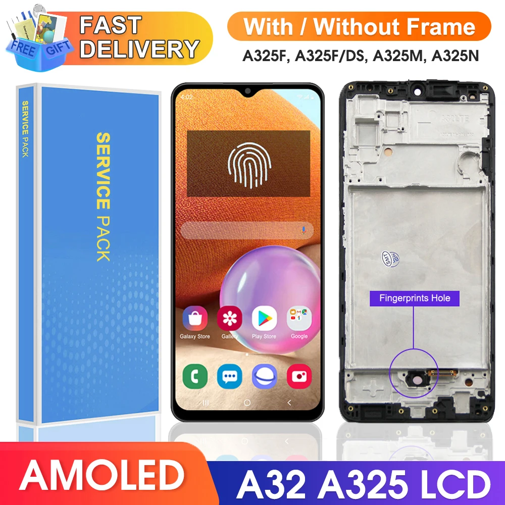 AMOLED Screen for Samsung Galaxy A32 A325 A325F A325M Lcd Display Digital Touch Screen with Frame Replacement with Fingerprint