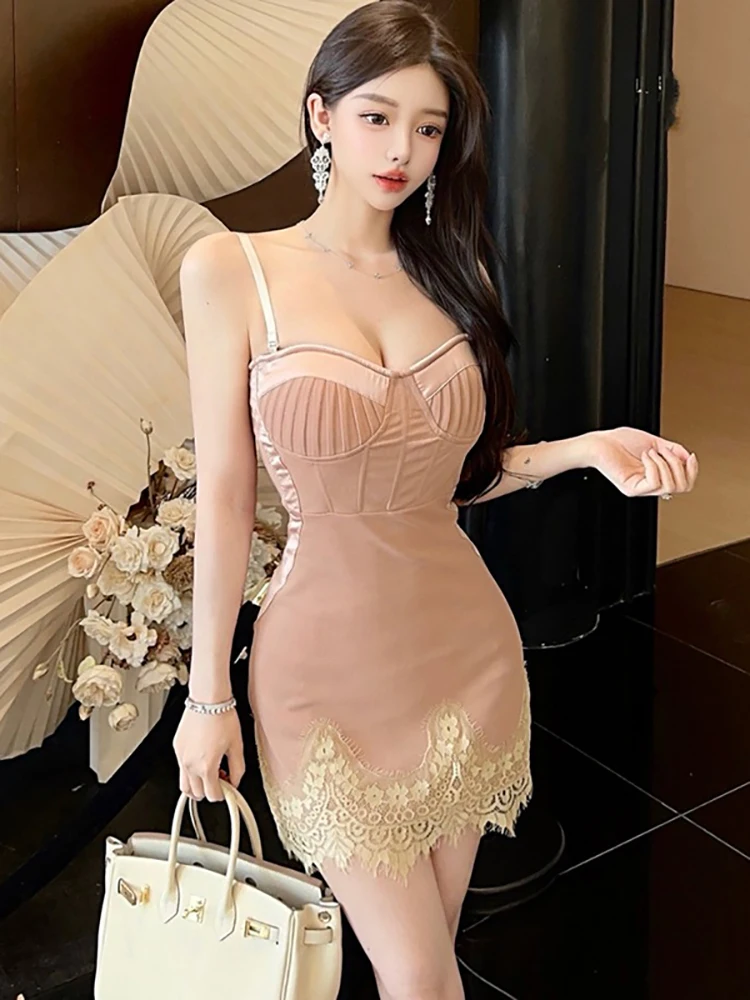 

Летнее модное лоскутное кружевное платье на бретельках, сексуальное длинное платье, женское элегантное облегающее платье с запахом бедра, 2025 корейское винтажное праздничное платье для выпускного вечера