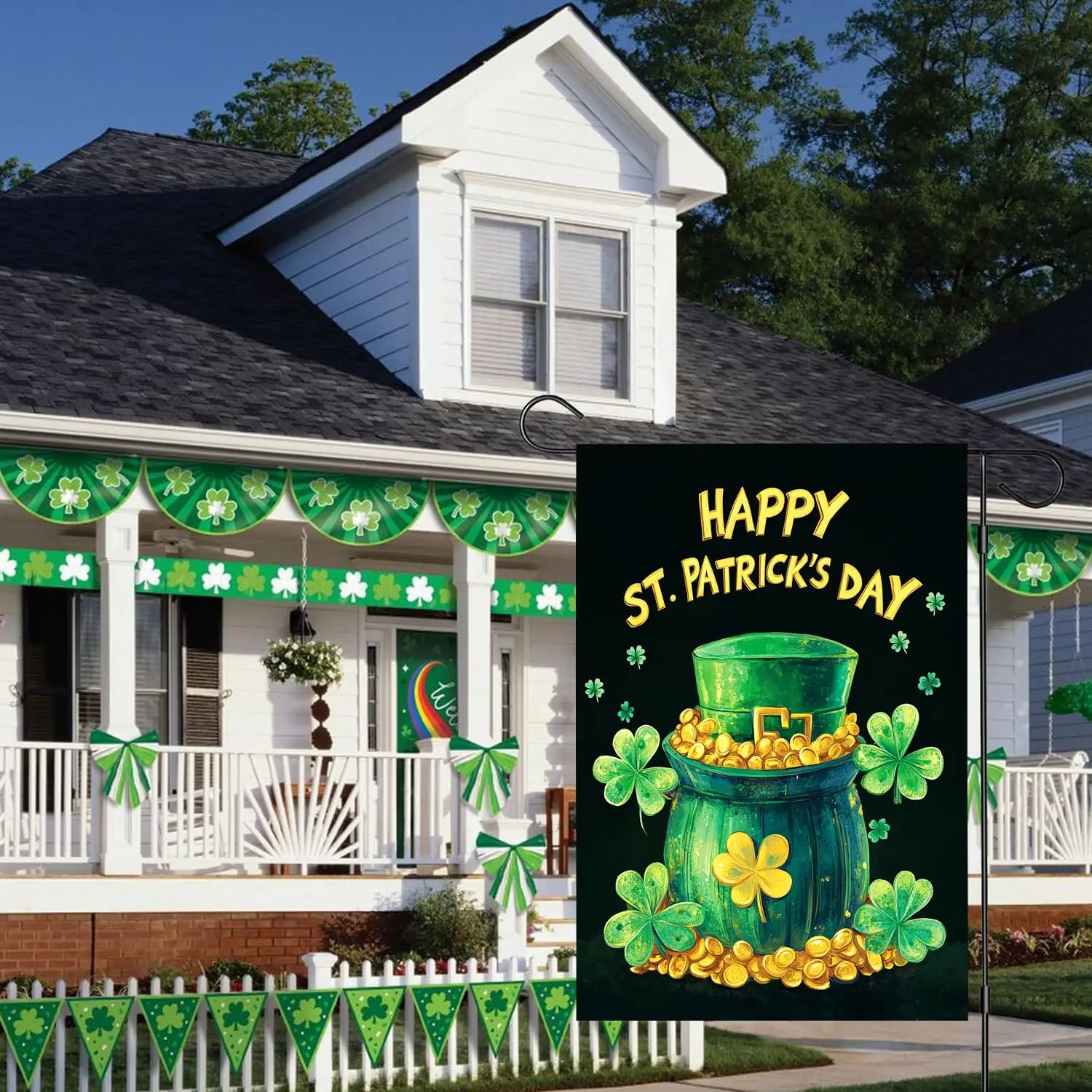 Happy St Patricks Day Garden Flag 12x18 Inch Double Sided Outside, Small Burlap Lucky Shamrocks Clovers Hat Seasonal Yard Ou PPM