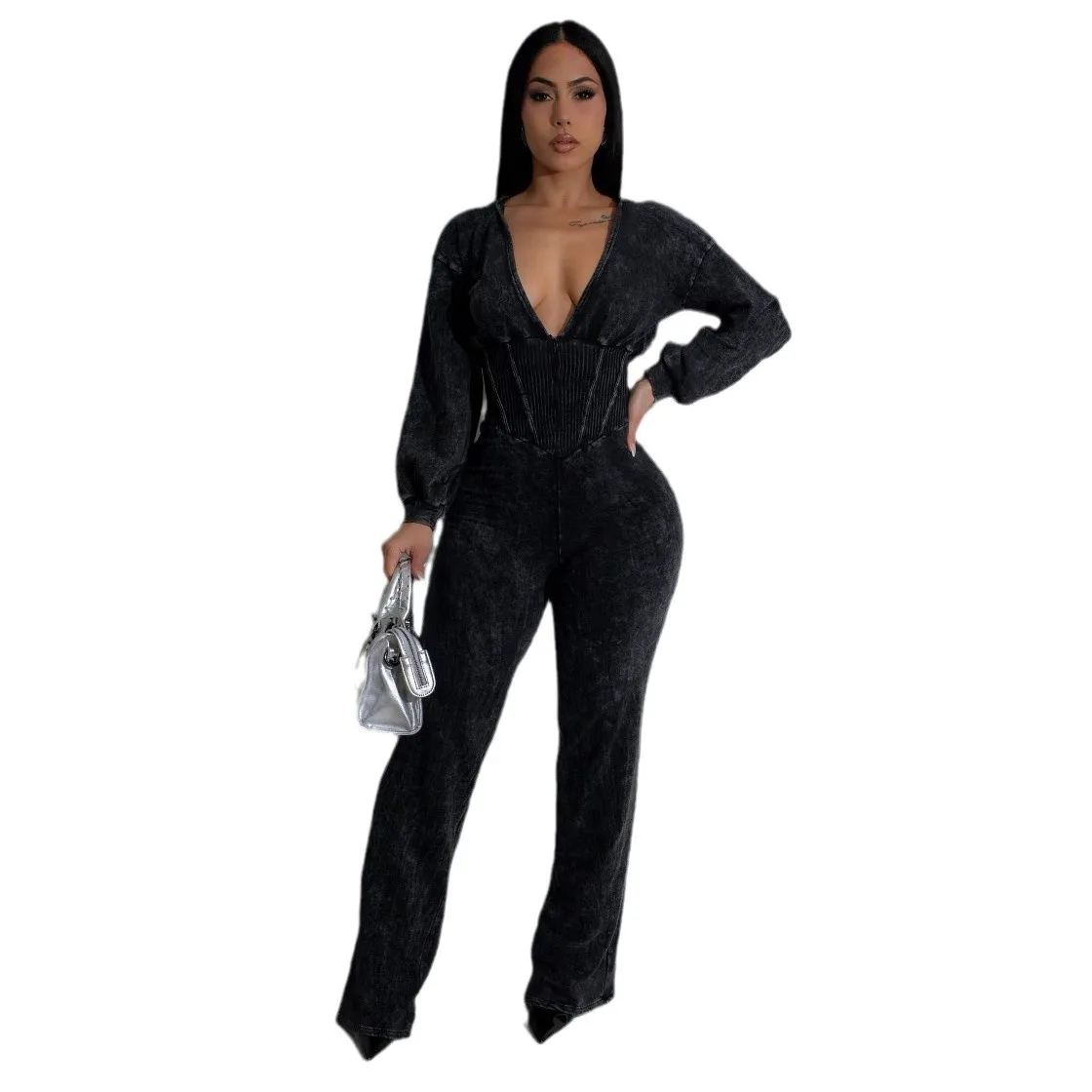 EINY Y2K Fashion Women Knit Ribbed Long Sleeve Sports Fitness Jumpsuit V-Neck Washed Street Party Outfits One Piece Suit Rompers