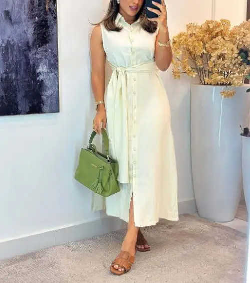 Women's 2025 New Elegant and Fashion Sleeveless Waist Shirt Dress,Self - Tie Belt,Suitable for Formal & Casual Occasions