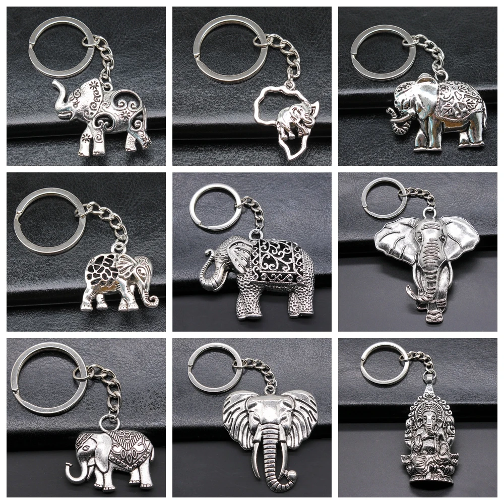 New Fashion Men Car Keychain Key Ring DIY Metal Holder Chain Vintage Elephant Ancient Bronze Silver Color Pendant Gift